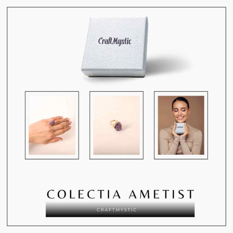 Inel usor Reglabil Auriu cu Ametist Natural Brut – Claritate Mentala si Protectie Energetica [6]