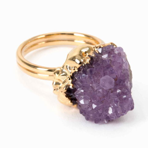 Bijuterii Semiprețioase - Inel usor Reglabil Auriu cu Ametist Natural Brut – Claritate Mentala si Protectie Energetica