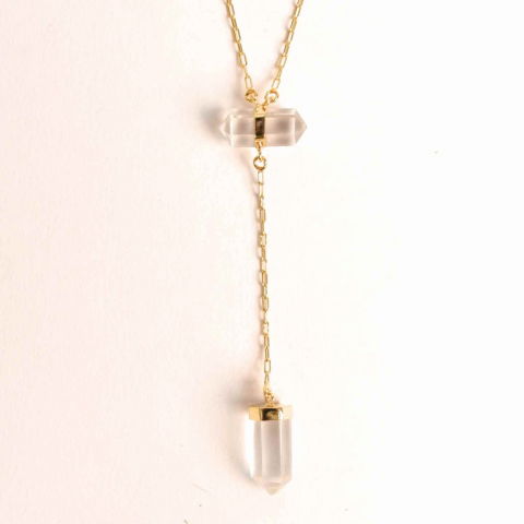 Cuart transparent - Colier Turnulet din Dublu Cuart de Stanca – Claritate Mentala si Protectie Energetica – Argint 925 Placat cu Aur 18K