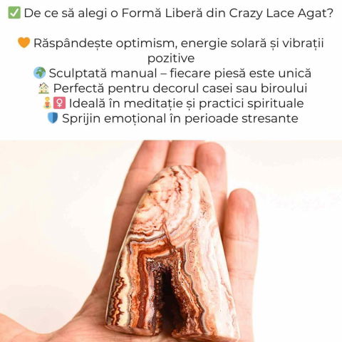 Forma libera sculptata manual din agat Crazy Lace – decor spiritual pentru echilibru emotional, energie pozitiva si meditatie. Provenienta: Indonezia. [3]