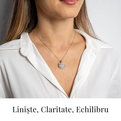 Puritate si Armonie –Colier pisica din calcedonie alba naturala cu lant din argint 925 [1]