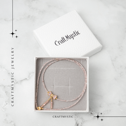 Iubire si Delicatețe – Colier din Cuart Roz Fatetat cu Fundita [6]