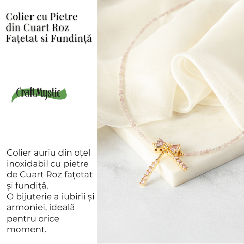 Iubire si Delicatețe – Colier din Cuart Roz Fatetat cu Fundita [2]
