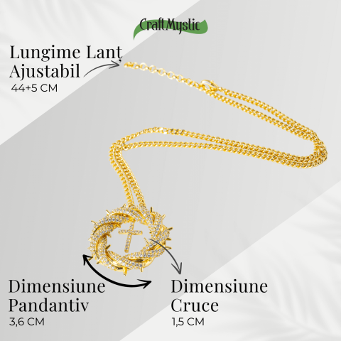 Credinta si Protectie – Colier Cruce cu Zirconiu si Coroana Circulara, Placat Auriu [4]