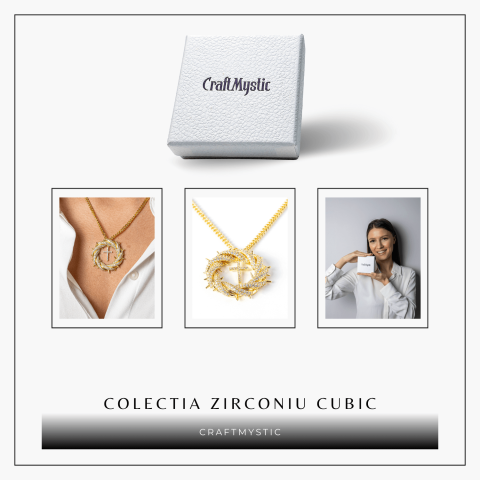 Credinta si Protectie – Colier Cruce cu Zirconiu si Coroana Circulara, Placat Auriu [7]