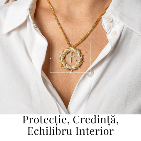Credinta si Protectie – Colier Cruce cu Zirconiu si Coroana Circulara, Placat Auriu [1]