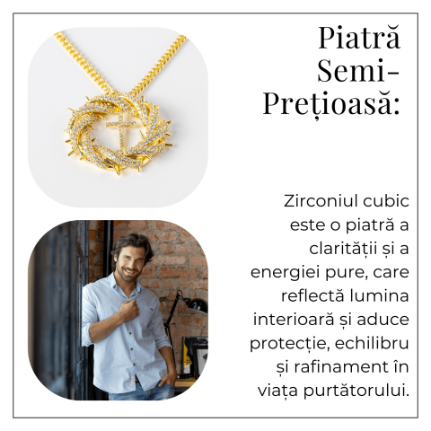 Credinta si Protectie – Colier Cruce cu Zirconiu si Coroana Circulara, Placat Auriu [5]