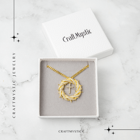 Credinta si Protectie – Colier Cruce cu Zirconiu si Coroana Circulara, Placat Auriu [6]