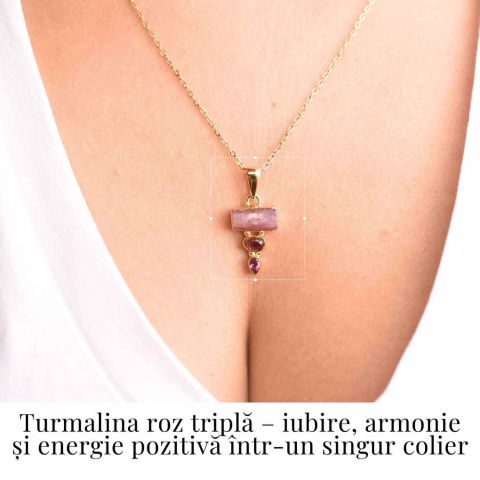 Iubire si Armonie Interioara – Colier inox si pandantiv argint 925 placat cu aur de18k si Triplu Turmalina Roz [1]