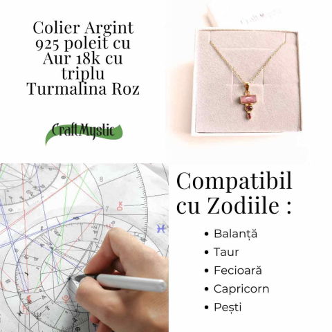 Iubire si Armonie Interioara – Colier inox si pandantiv argint 925 placat cu aur de18k si Triplu Turmalina Roz [3]