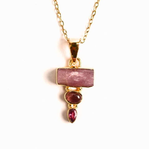 Bijuterii Semiprețioase - Iubire si Armonie Interioara – Colier inox si pandantiv argint 925 placat cu aur de18k si Triplu Turmalina Roz