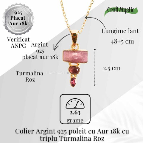 Iubire si Armonie Interioara – Colier inox si pandantiv argint 925 placat cu aur de18k si Triplu Turmalina Roz [4]