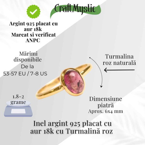 Inel argint 925 placat cu aur 18k cu turmalina roz ovala – piatra iubirii, armoniei si compasiunii [2]