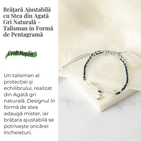 Bratara ajustabila cu stea si semiluna din Agat gri natural – Talisman al protectiei si echilibrului [2]