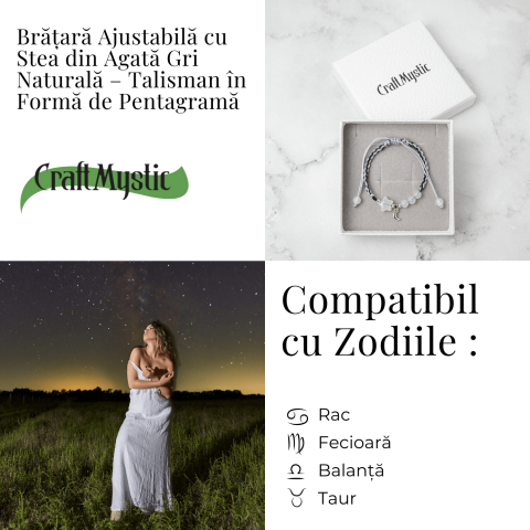 Bratara ajustabila cu stea si semiluna din Agat gri natural – Talisman al protectiei si echilibrului [4]