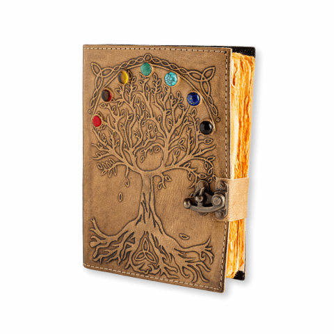 Jurnal Vintage maro cu Arborele Vietii si 7 Chakre - Piele Naturala