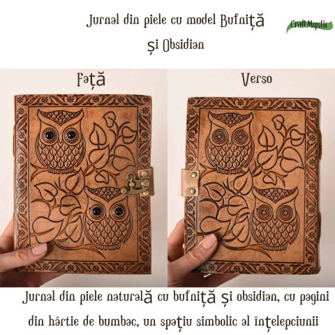 Jurnal din piele naturala cu Bufnita si Obsidian – Protectie si Claritate Interioara [4]