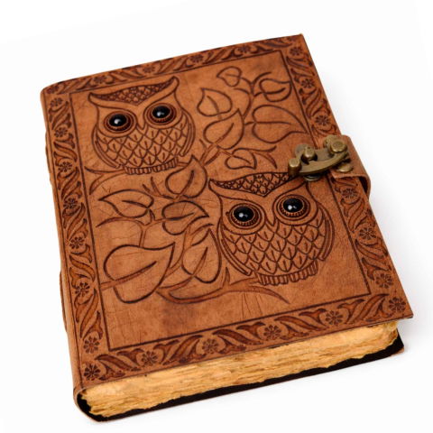 Jurnale din piele - Jurnal din piele naturala cu Bufnita si Obsidian – Protectie si Claritate Interioara