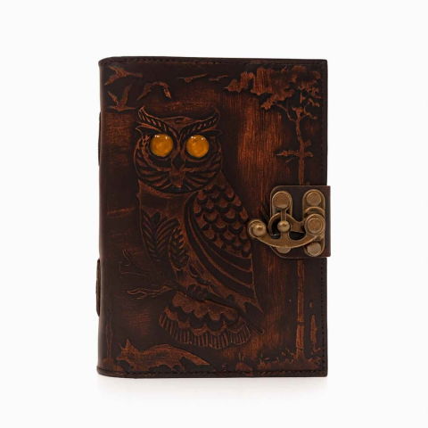 Jurnal Bufnita din Piele Naturala cu Piatra Decorativa si Hartie Bumbac Alba 17x13 cm [0]