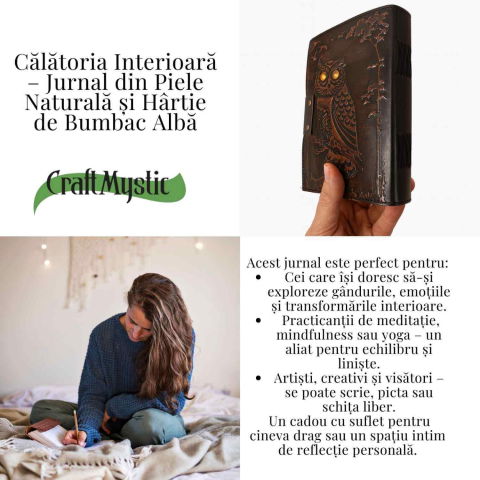 Jurnal Bufnita din Piele Naturala cu Piatra Decorativa si Hartie Bumbac Alba 17x13 cm [4]