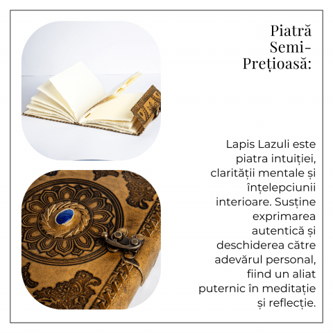 Jurnal din piela naturala autentic cu coperta gravata si piatra naturala Lapis Lazuli si hartie bumbac [6]