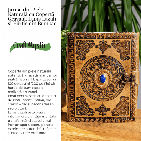 Jurnal din piela naturala autentic cu coperta gravata si piatra naturala Lapis Lazuli si hartie bumbac [2]
