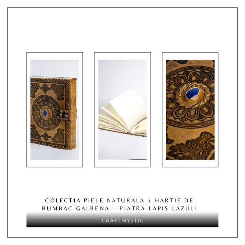 Jurnal din piela naturala autentic cu coperta gravata si piatra naturala Lapis Lazuli si hartie bumbac [7]