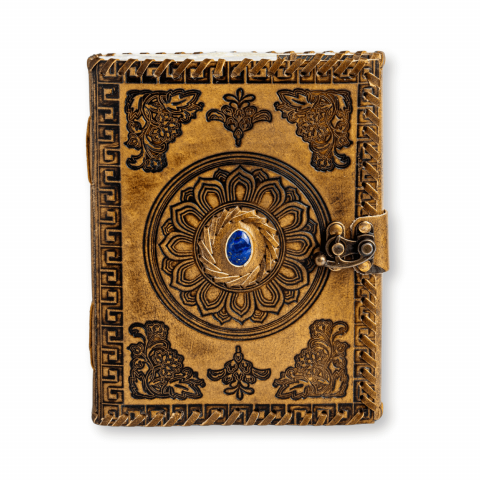 Jurnal din piela naturala autentic cu coperta gravata si piatra naturala Lapis Lazuli si hartie bumbac [0]