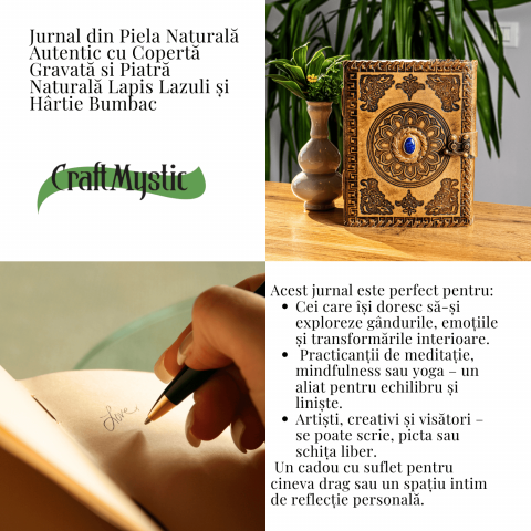 Jurnal din piela naturala autentic cu coperta gravata si piatra naturala Lapis Lazuli si hartie bumbac [4]