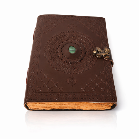 Jurnale din piele - Jurnal vintage din piele naturala cu hartie bumbac si malachit decorativ 20x15 cm