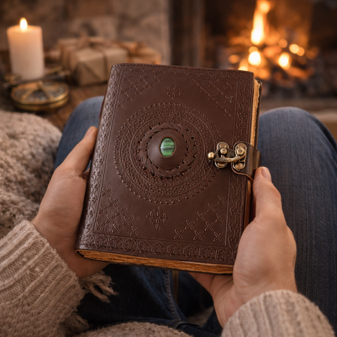 Jurnal vintage din piele naturala cu hartie bumbac si malachit decorativ 20x15 cm [5]