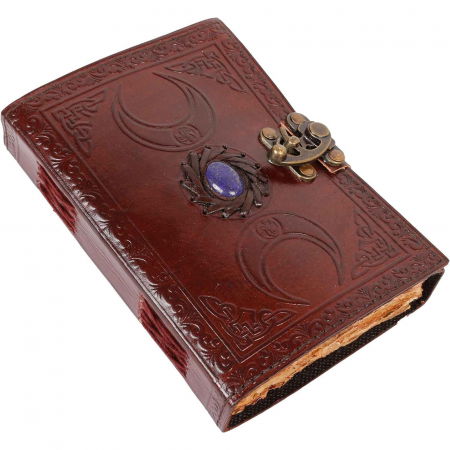 Jurnale din piele - Jurnal din Piele design cu Tripla Luna si piatra semipretioasa Lapis Lazuli - Hartie Vintage tip pergament Ideal pentru Schite si Notite, 20 x 15 cm cm