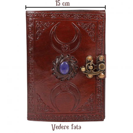 Jurnal din Piele design cu Tripla Luna si piatra semipretioasa Lapis Lazuli - Hartie Vintage tip pergament Ideal pentru Schite si Notite, 20 x 15 cm cm [5]