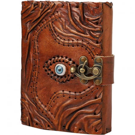 Jurnale din piele - Jurnal Handmade din Piele cu Blocare si Design Carte Hocus Pocus - Hartie Vintage Tip Pergament, Ochiul Al Treilea 190-200 pagini Maro