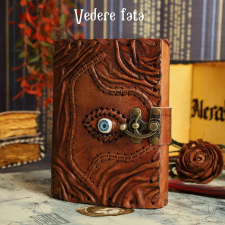 Jurnal Handmade din Piele cu Blocare si Design Carte Hocus Pocus - Hartie Vintage Tip Pergament, Ochiul Al Treilea 190-200 pagini Maro [5]
