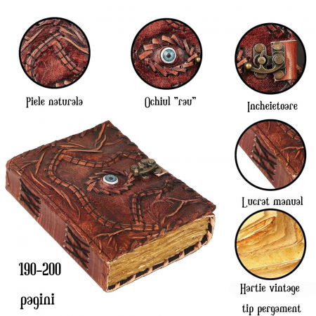 Jurnal Handmade din Piele cu Blocare si Design Carte Hocus Pocus - Hartie Vintage Tip Pergament, Ochiul Al Treilea 190-200 pagini Maro [1]