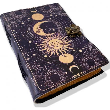 Jurnale din piele - Jurnal Vintage din Piele cu Design Soare si Luna - Manual, cu Pagini de Hartie tip pergament 190-200 Pagini