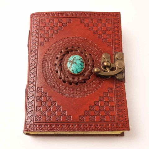 Jurnale din piele - Calatoria Interioara – Jurnal din Piele Naturala cu Piatra Decorativa si Hartie de Bumbac Galbena