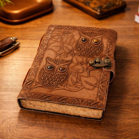 Jurnal din piele naturala cu Bufnita si Ochi de Tigru – Intelepciune si Claritate Interioara [6]