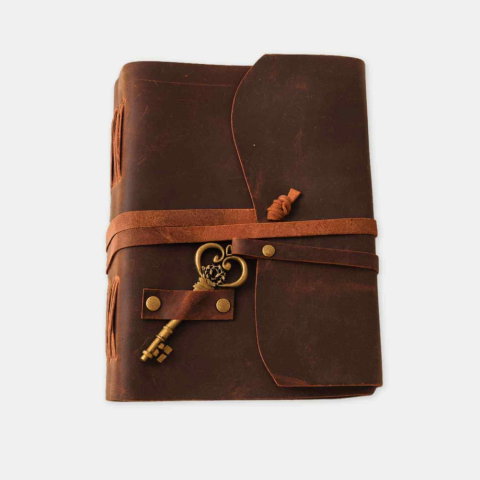 Jurnale din piele - Jurnal Piele Naturala cu Hartie din Bumbac galbena model cheita