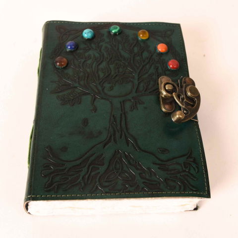 Jurnale din piele - Jurnal Vintage din Piele Naturala cu Arborele Chakrelor si 7 Pietre – hartie de bumbac 18x13 cm