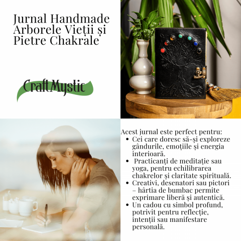 Jurnal Vintage Negru cu Arborele Vietii si 7 Pietre Chakre - Handmade, Piele Naturala [3]
