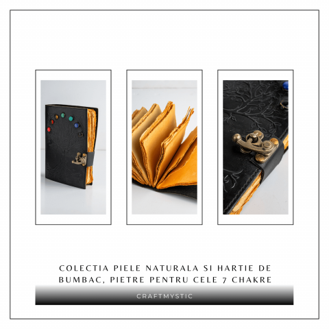 Jurnal Vintage Negru cu Arborele Vietii si 7 Pietre Chakre - Handmade, Piele Naturala [5]