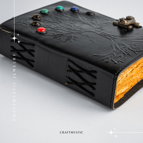 Jurnal Vintage Negru cu Arborele Vietii si 7 Pietre Chakre - Handmade, Piele Naturala [7]