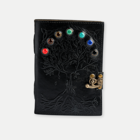 Jurnal Vintage Negru cu Arborele Vietii si 7 Pietre Chakre - Handmade, Piele Naturala [8]