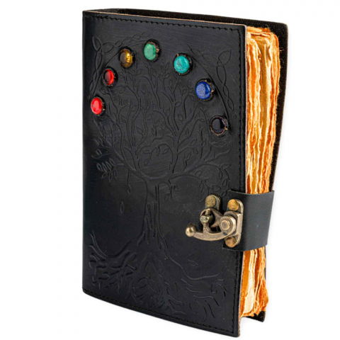 Jurnal Vintage Negru cu Arborele Vietii si 7 Pietre Chakre - Handmade, Piele Naturala