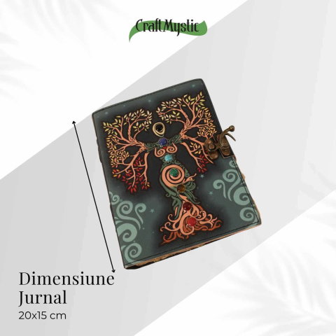 Jurnal vintage pentru magie model "Book of Shadow"  cu 7 pietre pentru cele 7 chakre - Jurnal cu inchidere cu lacat, handmade din piele vintage, cadou pentru femei si barbati [3]