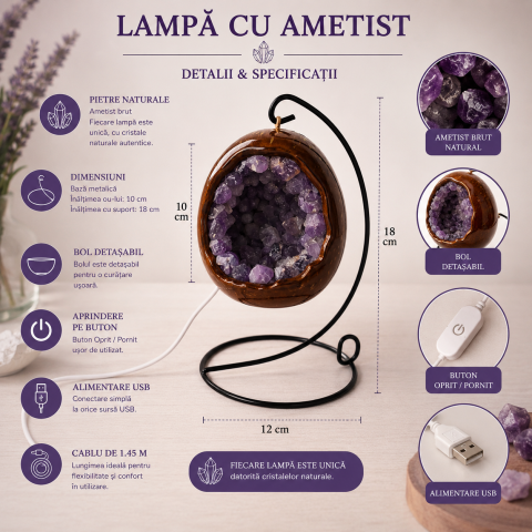 Lampa cu Ametist Natural Forma de Ou – Armonie, Claritate si Relaxare [4]