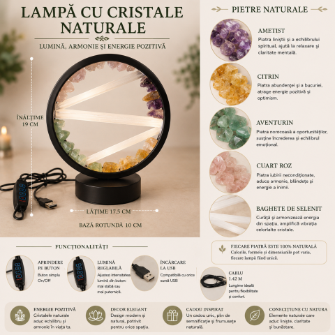 Lampă cu Citrin, Aventurin Verde, Ametist, Cuart Roz si  Selenit – Armonie si Energie Pozitiva [4]