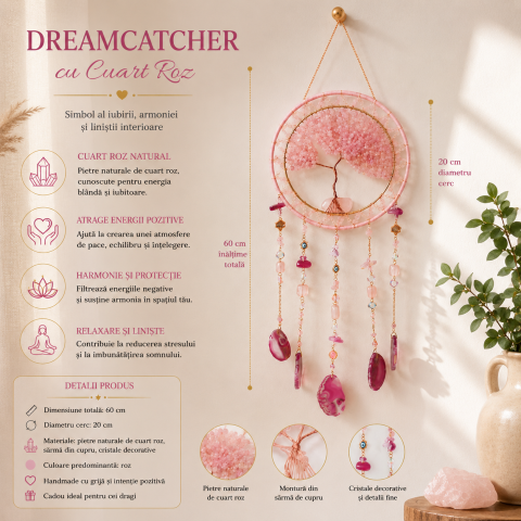 Dreamcatcher Arborele Vietii cu Cuart Roz si Agat – Iubire, Armonie si Energie Pozitiva [4]